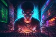 Nerd guy with glasses sits at his desk in front of a super computer with a lot of RGB lights. Generative AI illustrations