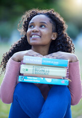 Canvas Print - Books, park and black woman thinking of university dream, study goals and reading knowledge in business college. Young person or student with textbook on campus for scholarship, exam and education