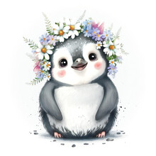 Smiling Baby Penguin In A Floral Crown Made Of Spring Flowers. Cartoon Character For Postcard, Birthday, Nursery Decor. Generative AI.