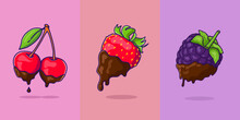 Set With Berries In Chocolate. Vector Single Icons Of Strawberries, Blackberries, Cherries. Cartoon Chocolate Berries