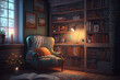 a cozy reading nook decoration with a comfortable chair, soft lighting, and shelves filled with books and decorative objects Generative AI