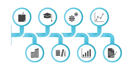 editable filled icons with infographic template. infographic for business concept. included post it, graduation ceremony, business, graphic chart, corporation, maths tool, bar diagram, icons.