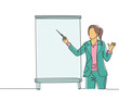 One single line drawing of young female presenter pointing the finger to screen with marker. Business presentation at the office concept. Trendy continuous line draw design graphic vector illustration