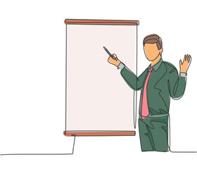 Single continuous line drawing of young business manager giving lecture to apprentice during work meeting. Work presentation at the office concept one line draw design graphic vector illustration