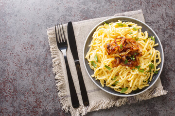 Wall Mural - Spatzle egg noodles with melted cheese and fried onions on top close-up in a plate on the table. Horizontal top view from above