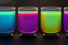 A Colorful Drink With A Splash Of Paint On The Rim And A Splash Of Colored Powder On The Rim Of The Glass, On A Black Background Of Multi - Colored Lights.  Generative Ai