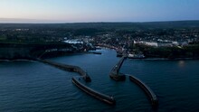 Whitby Harbour Blue Hour Dawn - Prores 4k - Drone Flight Over Harbour And Town Feb 2023