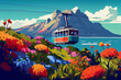 Mountain with beautiful flowers  protea cable car animation on sunny day day clear blue sky with slightly clouds.