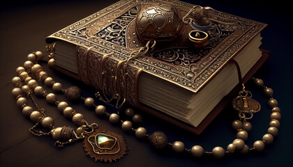 Wall Mural - islamic book koran with rosary Ramadan the holy time for prayer generative ai