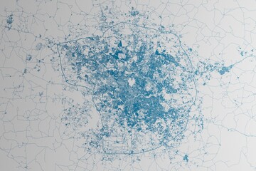 Poster - Map of the streets of Hyderabad (India) made with blue lines on white paper. 3d render, illustration