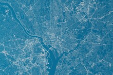 Map Of The Streets Of Washington (DC, USA) Made With White Lines On Blue Background. 3d Render, Illustration