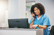 © Clement C/peopleimages.com - Nurse, phone call and tablet of black woman at hospital with a smile. Clinic doctor, healthcare worker and networking of a young person happy about work conversation and health insurance talk