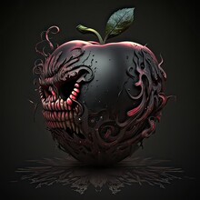 An Apple Executed In The Gothic Style On A Black Background. Ancient Demonic Artifact, Mysterious Ornament, High Resolution, Art, Generative Artificial Intelligence