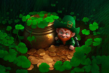 Small Leprechaun Lies In A Clearing Of Clover, Near Of Pot Of Coins Saint Patricks Day Concept
