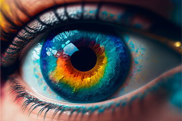 Poster - Generative AI, human eye close up with colorful paint , ink splashes and drips