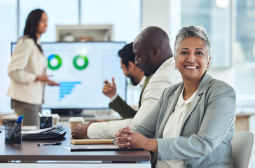 Poster - Meeting, portrait or senior business woman planning a sales project with a team in a corporate office. Smile, data analysis or happy mature manager working on strategy in collaboration with people