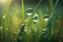 Grass. Fresh Green Spring Grass With Dew Drops Closeup. Raindrops, Water, Fresh, Juicy, Beautiful Grass Close-up. Summer, Spring Background.  Generative AI
