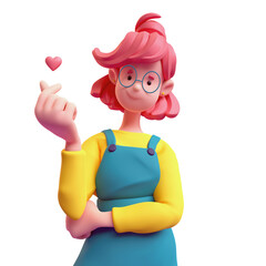Portrait of positive kawaii casual smiling red haired k-pop girl in glasses, blue overalls, yellow t-shirt makes korean love sign finger heart gesture. I Love You. 3d render isolated transparent.