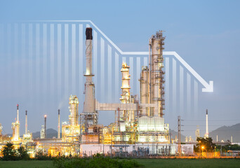 Wall Mural - Oil gas refinery or petrochemical plant. Include arrow, graph or bar chart. Decrease trend or low of production, market price, demand, supply. Concept of business, industry, fuel, power energy.