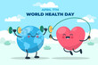 Ilustración del día mundial de la salud con planeta y corazón haciendo ejercicio