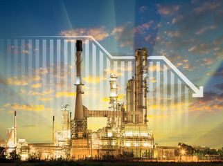 Oil gas refinery or petrochemical plant. Include arrow, graph or bar chart. Decrease trend or low of production, market price, demand, supply. Concept of business, industry, fuel, power energy.
