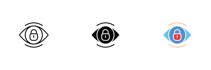 Eye icon with a lock. Biometric data, retinal unlock, advanced security technology. Vector set of icons in line, black and colorful styles isolated on white background.