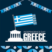 Greece Independence Day Banner With Greek Flag Colors Theme Background And Geometric Abstract Retro Modern Design. Multiple Landscapes Of Greece, Celebration Of Independence Day.
