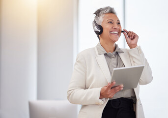 Canvas Print - Business phone call, tablet and senior happy woman talking on communication with stock market investment contact. Bitcoin NFT trader, crypto trading conversation or forex account manager networking