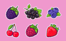 A Set With Cartoon Berries . Vector Single Icons Of Strawberries, Blackberries, Cherries, Raspberries, Currants, Blueberries. Cartoon Stickers With Berries