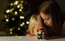 Two Sisters Looking A Small House Christmas Light