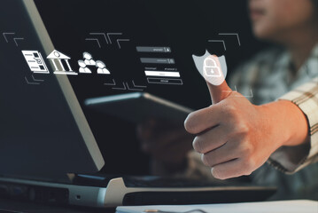 Cyber Security Internet and ​​Networking Concepts. businessman hand touch on screen icon and encrypt virtual lock screen icon. Digital technology safety crime protecting anonymous hackers' database