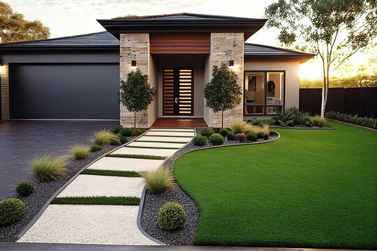 a contemporary australian home or residential buildings front yard features artificial grass lawn tu
