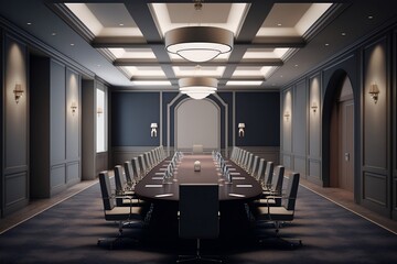 Meeting room with large table and chairs. Generative AI