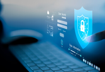 young businesswoman is using laptop for cyber security protection.cyber security concept, user priva