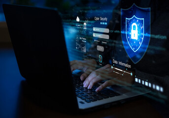 Young businesswoman is using laptop for cyber security protection.cyber security concept, user privacy security and encryption, secure internet access Future technology and cybernetics, screen padlock