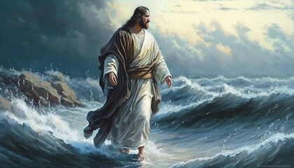 Wall Mural - Jesus Christ Walking On Water During Storm Heavenly Rays Coming From Cloudy Sky Painting