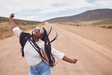 Poster - Freedom, excitement and mockup with a black woman dancing in the desert for fun during a road trip. Travel, dance and mock up with a person enjoying a holiday or vacation in nature to celebrate life