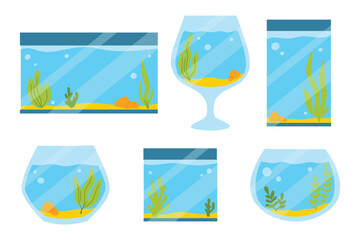 Wall Mural - Set of Rectangular Aquariums. Collection of Aquariums with algae in flat style. Vector illustration. Empty isolated aquarium in cartoon style.