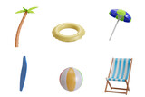 Fototapeta Las - 3d elements of summer beach objects. Items used for sunbathing, outdoor activities, or leisure recreation