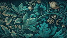 Generative AI, Floral Teal, Green Blue Pattern. William Morris Inspired Natural Plants And Flowers Background, Vintage Illustration. Foliage Ornament.	
