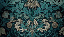 Generative AI, Floral Teal, Green Blue Pattern. William Morris Inspired Natural Plants And Flowers Background, Vintage Illustration. Foliage Ornament.	
