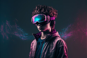 Wall Mural - Teenager using virtual reality glasses to play video games in the Metaverse. Kid with VR device and digital elements around his head. Generative ai