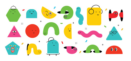 cute cartoon geometric figures with different face emotions, funny poster idea for kids. colorful ch