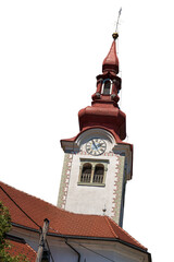 Wall Mural - Bell tower of the Church of Saint George (Zupnijska cerkev sv. Jurija), 1687. Isolated on white or transparent background. Zgornje Gorje village, Gorje, Gorenjska (Upper Carniola). Alps, Slovenia.