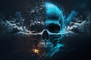 Premium background with a  skeleton face in the middle with blue smoke, digital design , dark wallpaper