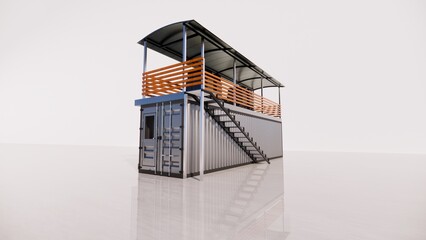 Poster - 40 feet container 2 floors with Dj at the top 3d rendering realistic architecture- illustration minimalist cafe, cafetaria, kiosk, stall, restaurant, coffee shop, food court,  and bar  design  