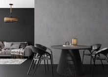 Interior Mock Up, Loft Style. Empty Concrete Wall In Modern Living Room. Copy Space For Your Artwork, Picture, Poster. Industrial Style Interior Design. Apartment Or Hotel Room. 3D Rendering.
