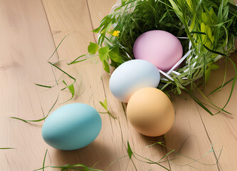 Wall Mural - Colourfull Eastereggs in a basket / Easter Egg Eggs / Ostern / Eastern / Copy Space - blank space