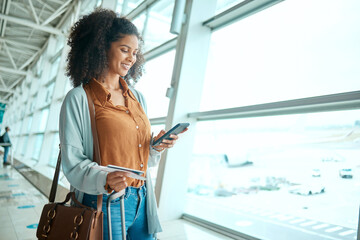 Black woman at airport, travel with smartphone and flight, communication and check social media with smile. Notification, email or chat with tech, ready with plane ticket and happy for adventure