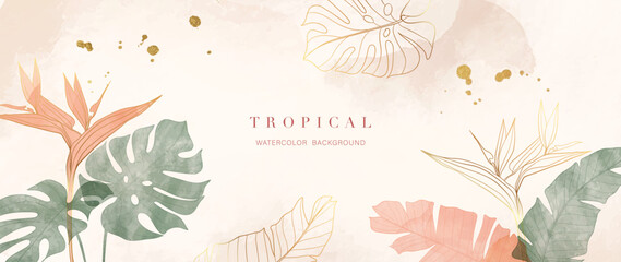 Wall Mural - Tropical foliage watercolor background vector. Summer botanical design with gold line art, monstera, palm, exotic plants. Luxury tropical jungle illustration for banner, poster, web and wallpaper.